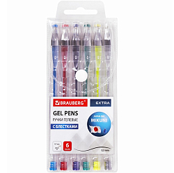 Ручки гелевые БЛЕСТКИ BRAUBERG "EXTRA", НАБОР 6 ЦВ 143908