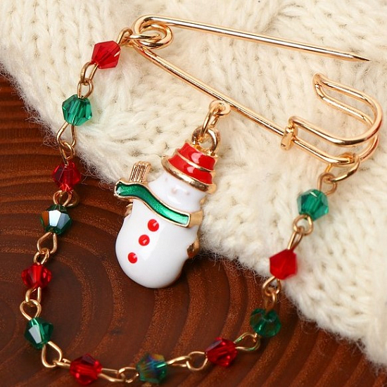 Булавка новогодняя "Гирлянда" снеговик, цветная в золоте 7709479