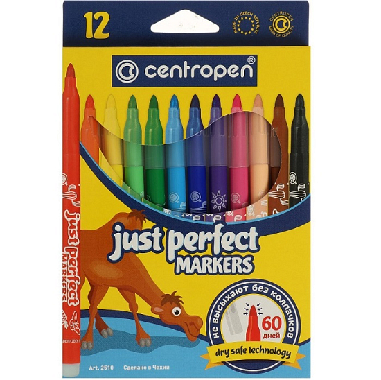 Фломастеры 12 цветов Centropen 2510 Perfect, 3.9 мм невысыхаемые, картонная упаковка, европодвес