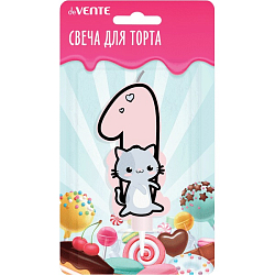Свеча-цифра для торта "Котик" 1, с рисунком, розовая