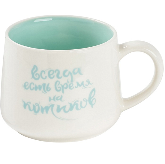 Кружка Доляна «Котик», 360 мл, керамика, белая/бирюзовая