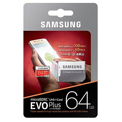 Micro SD 64Gb Samsung Class 10 Evo Plus U1 U3 (R/W 100/60 MB/s) с адаптером