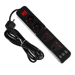 Сетевой удлинитель  3.0м LUAZON Lighting, 2 евро+2 унив.роз. 2200Вт, 3х0.5 мм2, 3хUSB, с выкл., Ч 5101839