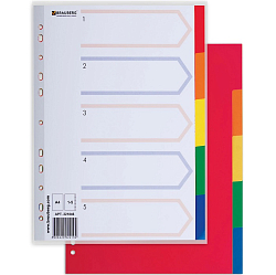 Разделитель пластиковый BRAUBERG, А4, 5 листов, по цветам, оглавление, Китай, 221846