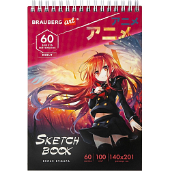 Скетчбук, 60л., белая бумага 100г/м2, 140х201мм, гребень,жёст. подложка, BRAUBERG ART, Аниме, 115061