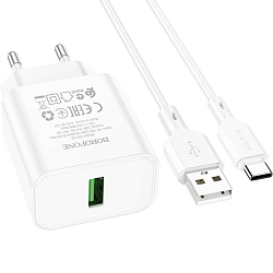 Сетевое ЗУ 1USB BOROFONE BA72A Spring, Type-C, белый, QC3.0