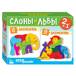 Пазл Step Puzzle 2в1 из дерева "Слоны и львы" (IQ step)