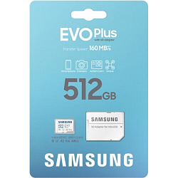 Micro SD 512Gb  Samsung Class 10 Evo Plus A2 V30 U3 (R/W 160/90 MB/s) + SD адаптер