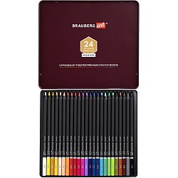 Карандаши художественные цветные BRAUBERG ART PREMIERE, 24 цв, МЯГКИЙ грифель 4 мм., металл, 181541