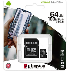 Micro SD 64Gb Kingston Class 10 Canvas Select Plus A1 U1 V10  (100 Mb/s) с адаптером SD