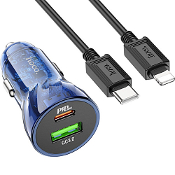 Авто ЗУ 1USB/1Type-C HOCO Z47A, синий, Lightning <--> Type-C, 30Вт, QC3.0, PD