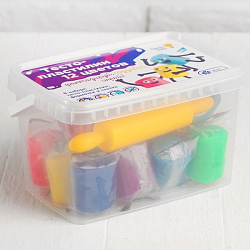 Тесто-пластилин, 12 цветов, 6 формочек + скалка: 16 см