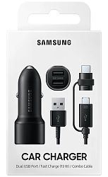 Aвто ЗУ 2USB Samsung Car Charger 15W c проводом microUSB/Type-C, черное (EP-L1100WBEGRU)