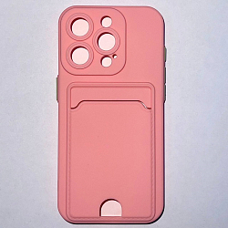Силиконовый чехол BUTTON для iPhone 15 PRO, розовый , с карманом для пластик карт