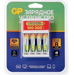 Зарядное устройство GP  8 часов, автоотключение + 4 аккум. ААА 1000mAh (12/48)