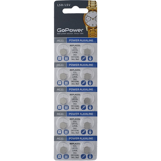 Элемент питания GoPower AG11/LR721/LR58/362A/162 BL-10 (10/1000/3600)