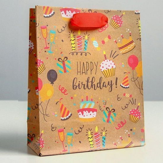 Пакет крафтовый вертикальный «Happy birthday», S 12 × 15 × 5.5 см