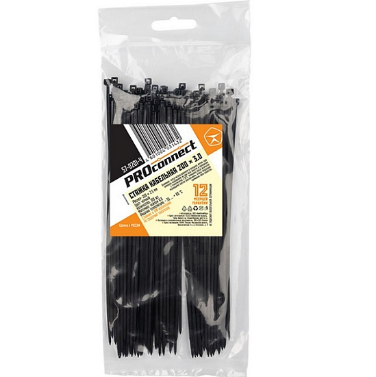 Хомут-стяжка PROconnect 200 x2,5 мм, черная, нейлон (100шт)