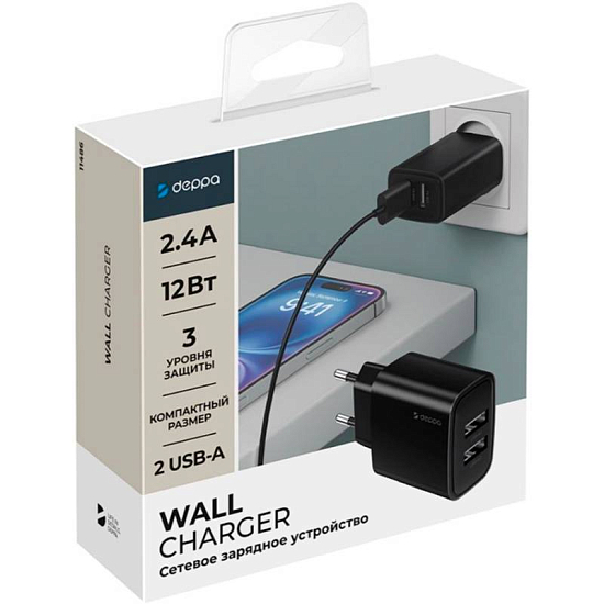 Сетевое ЗУ 2USB2.4A DEPPA, черный (11486)