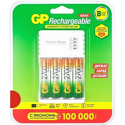 Зарядное устройство GP  8 часов, автоотключение + 4 аккум. АА 2700mAh (12/48)