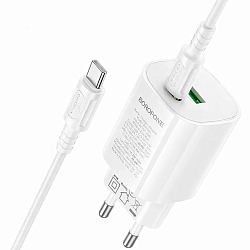 Сетевое ЗУ 1USB/1Type-C 3A BOROFONE BA104A White, Type-C-Type-C, PD 20W+QC3.0