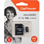 Micro SD 64Gb GoPower Class10 70Mb/s V30 с адаптером SD