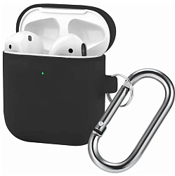 Силиконовый чехол SILICONE CASE для Airpods 1/2, №01_черный , с карабином