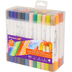 Маркеры акварельные для скетчинга двусторонние 60 цветов, BRAUBERG ART, 152482