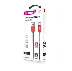 Кабель USB <--> Type-C  1.0м OLMIO HD красный, 2.1A