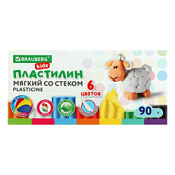 Пластилин мягкий восковой BRAUBERG KIDS, 6 цветов, 90г, со стеком, 106493