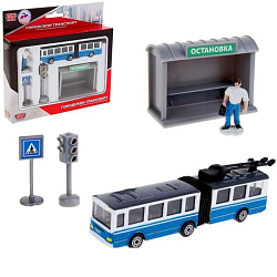 Набор металлических машин «Троллейбус с остановкой и аксессуарами», 12 см