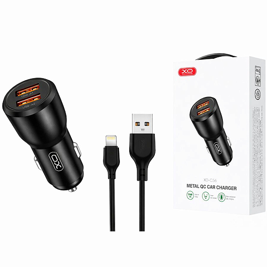 Авто ЗУ 2USB XO CC55, черное, Lightning, 18Вт