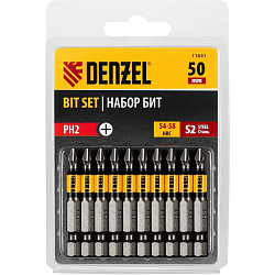 Набор бит PH2х50 DENZEL 11641, сталь S2, круглый профиль, 10шт