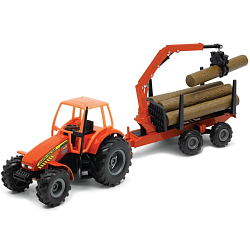 Машинка WELLY модель трактора с бревнами на прицепе с инерц. мех., оранжевый