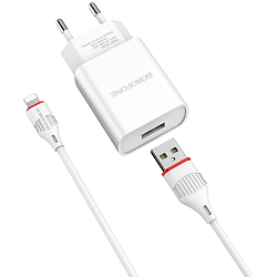 Сетевое ЗУ 1USB 2.1A BOROFONE BA20A, Sharp Lightning белый