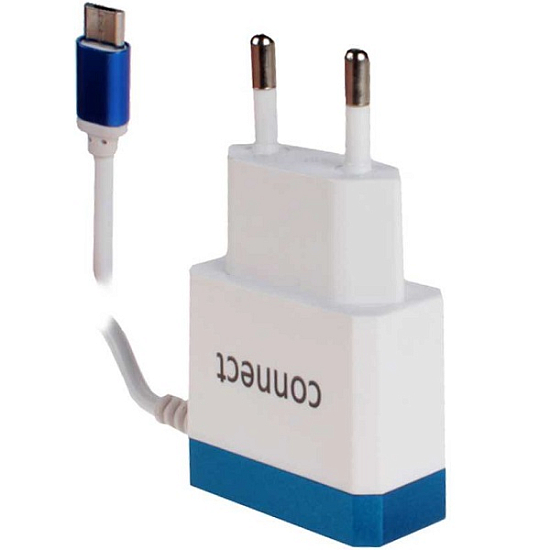 Сетевое ЗУ 2A CONNECT Technology microUSB белый, с голубой полоской