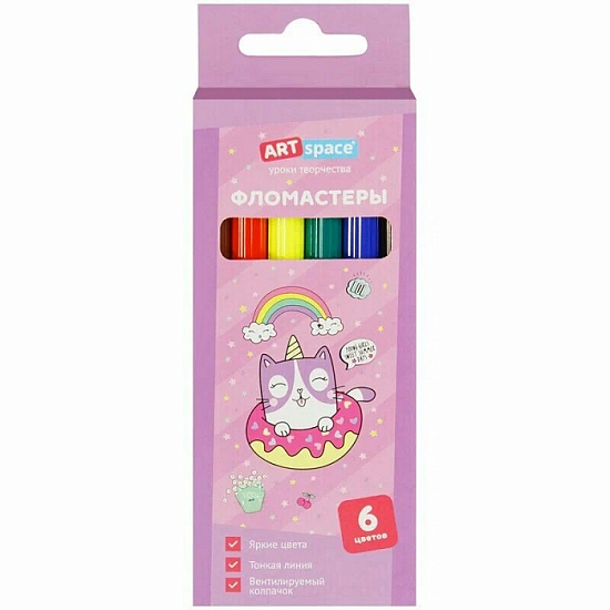 Фломастеры ArtSpace "Кот-сластена", 06цв., смываемые, картон, европодвес WP6_26964