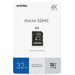 Micro SD 32Gb Smart Buy Сlass 10  Advanced U3 V30 A1 (55/90 Mb/s)+ SD адаптер