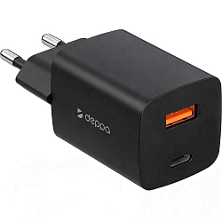 Сетевое ЗУ 1USB/1Type-C DEPPA, черный, PD 3.0, QC 4.0, 45W (11495)