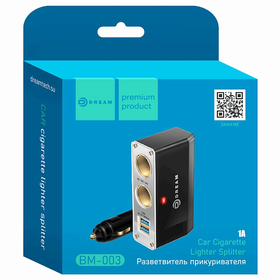 Разветвитель прикуривателя DREAM BM-003 2USB 1А черный