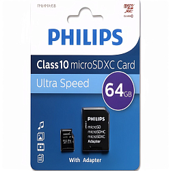 Micro SD 64Gb PHILIPS Class 10 + адаптер SD