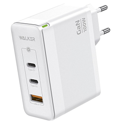 Сетевое ЗУ 1USB/2Type-C WALKER WH-47 GaN, белое, 100Вт, QC 3.0+PD