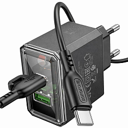 Сетевое ЗУ 1USB/1Type-C 3A BOROFONE BAS32A Black, Type-C-Type-C , PD30W+QC3.0 GaN