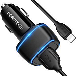 Авто ЗУ 2USB 2.4A BOROFONE BZ14, Max, Lightning, черный, 12Вт