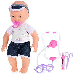 Пупс ПОЛЕСЬЕ "Весёлый" (35 см) с соской + набор "Доктор" (4 элемента)