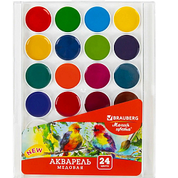 Краски акварельные BRAUBERG "МАГИЯ ЦВЕТА NEW", медовые, 24 цвета, круглые кюветы, 192365