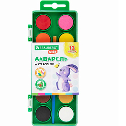 Краски акварельные BRAUBERG KIDS, 12 цветов, круглые кюветы, пластиковый пенал, с кистью, 191806