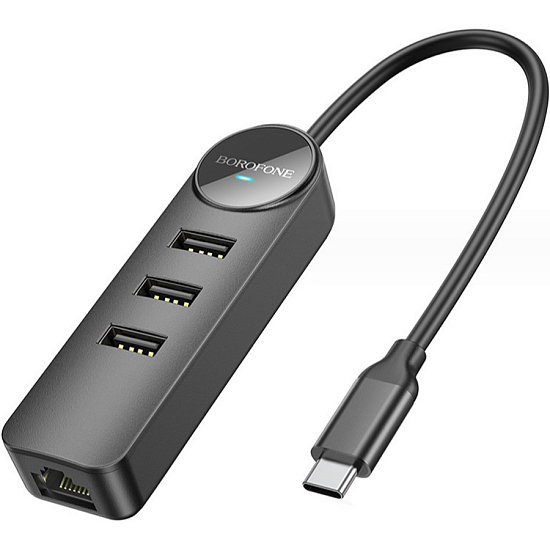 USB-Хаб BOROFONE DH6 Erudite 4-in-1, 3 USB2.0 , RJ45,  кабель Type-C 0.2м, чёрный