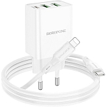 Сетевое ЗУ 2USB/1Type-C BOROFONE BA70A, белый, кабель Lightning - Type-C, 20Вт