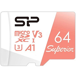 Micro SD 64Gb Silicon Power Class 10 Superior UHS-I U3 A1 (R/W 100/80 Mb/s) без адаптера